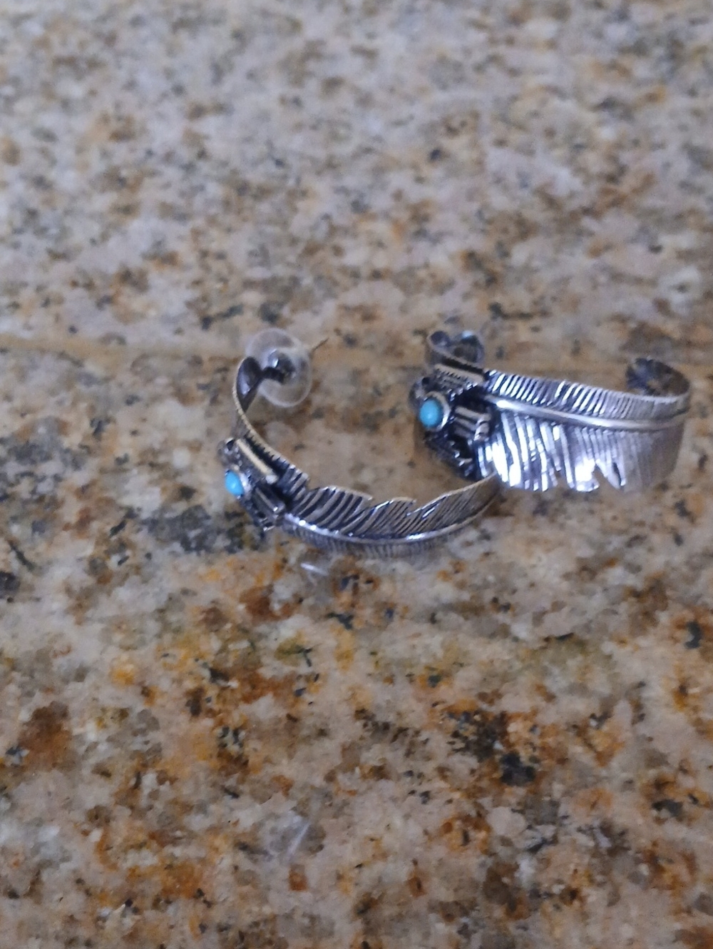 Silver Feather Hoop Earrings with Turquoise Accent - Women Jewelry